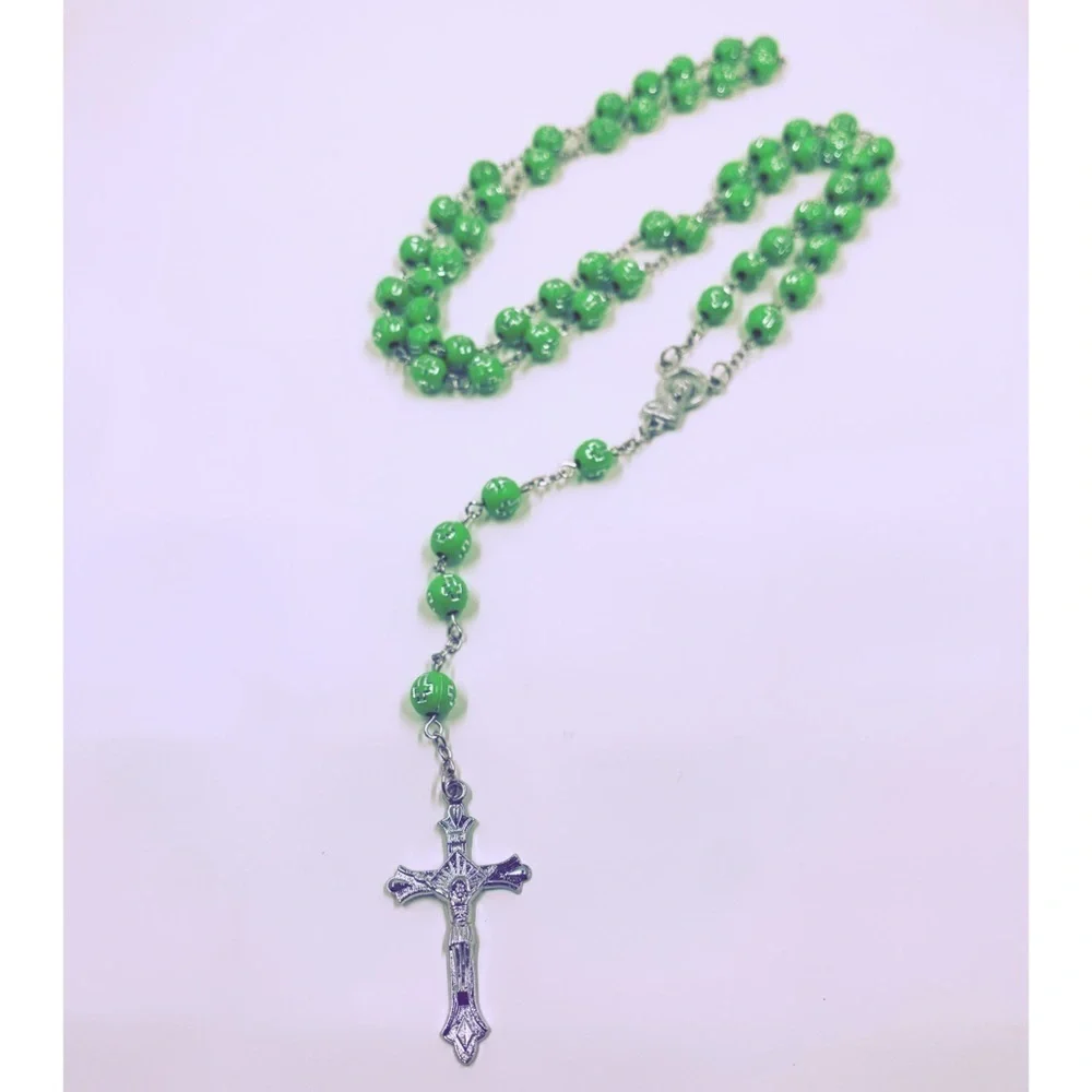 Catholic Lime Green Beaded Rosary Silver Crucifix Mary Cross Prayer Beads